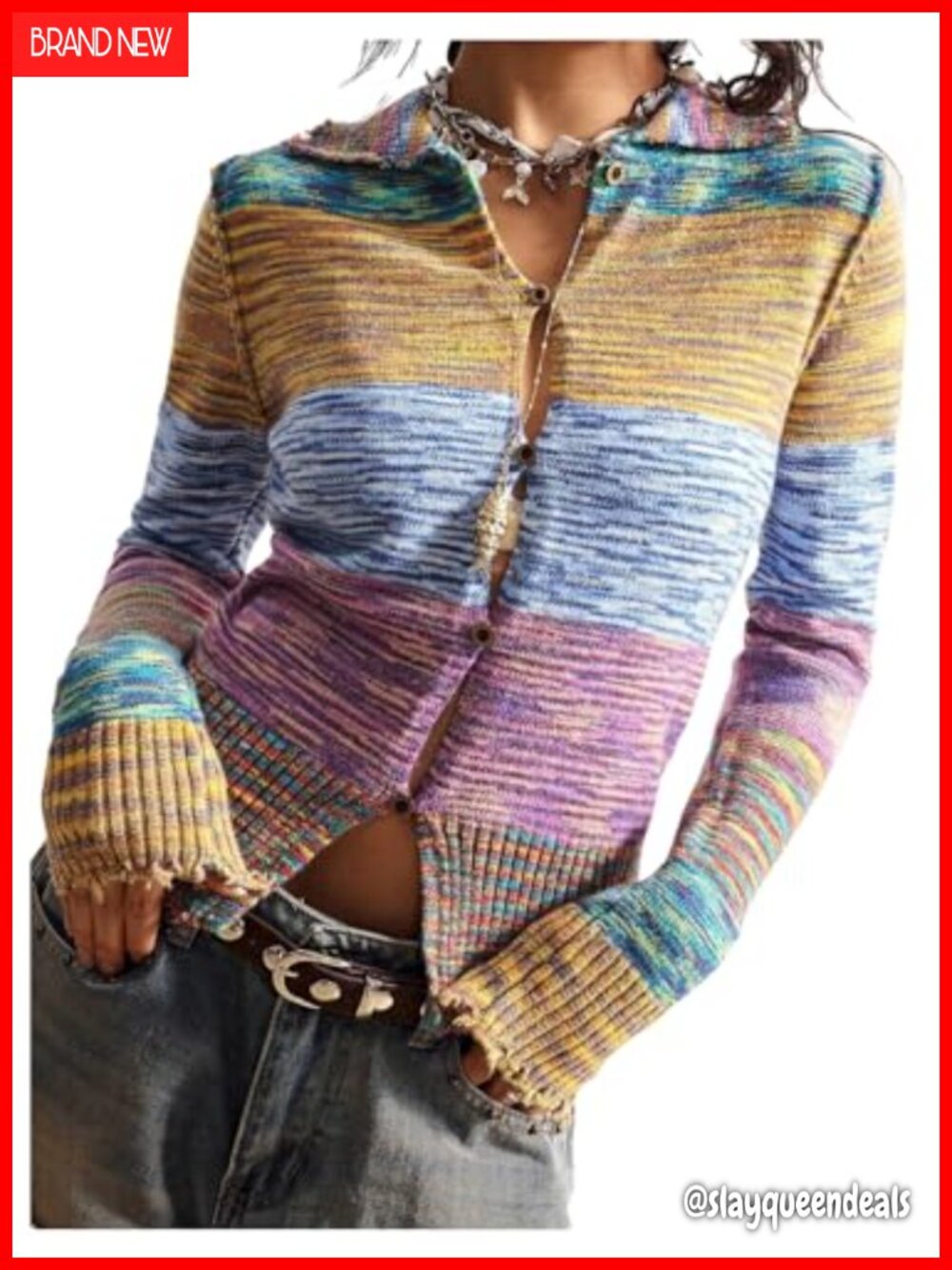 Y2K Color Block Button Up Knit Sweater Women Long Sleeve Slim Fit